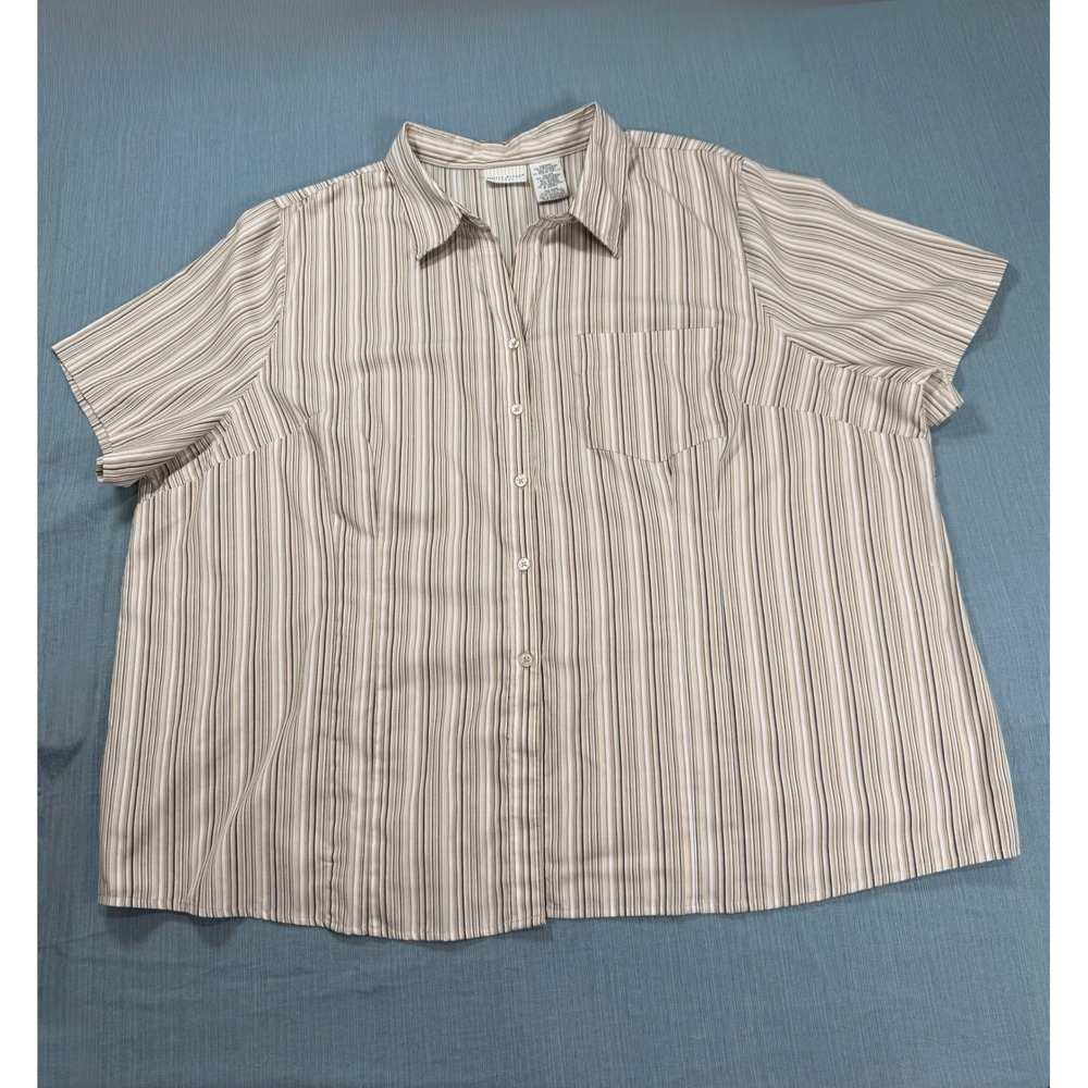 White Stag Women 4X Short Sleeve Button Down Shirt Vallejo Tan Striped W5715129